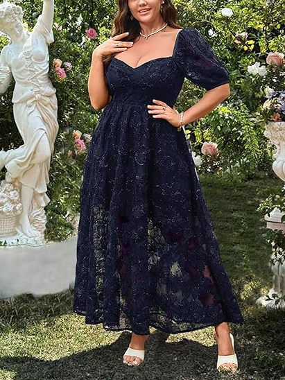 Women's Floral Embroidered Sweetheart Neck Midi Dress