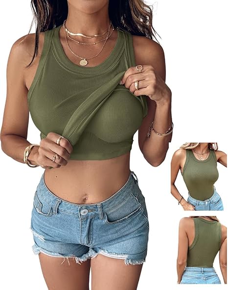 Women's sleeveless casual backless ribbed slim-fit vest with built-in bra（BUY 3 FREE SHIPPING)