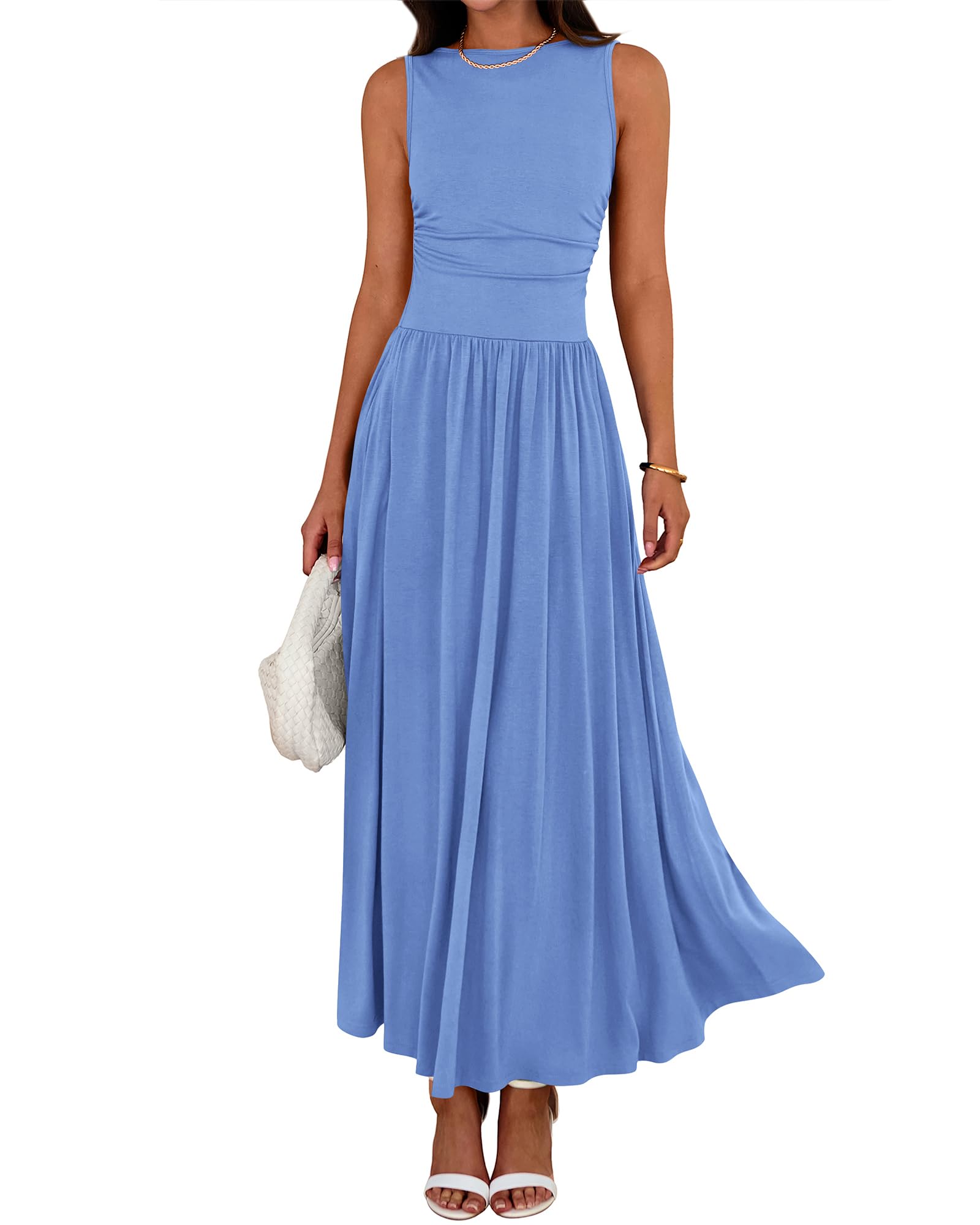 Women's Solid Color Sleeveless Waist Pleated Design Dress with Pockets