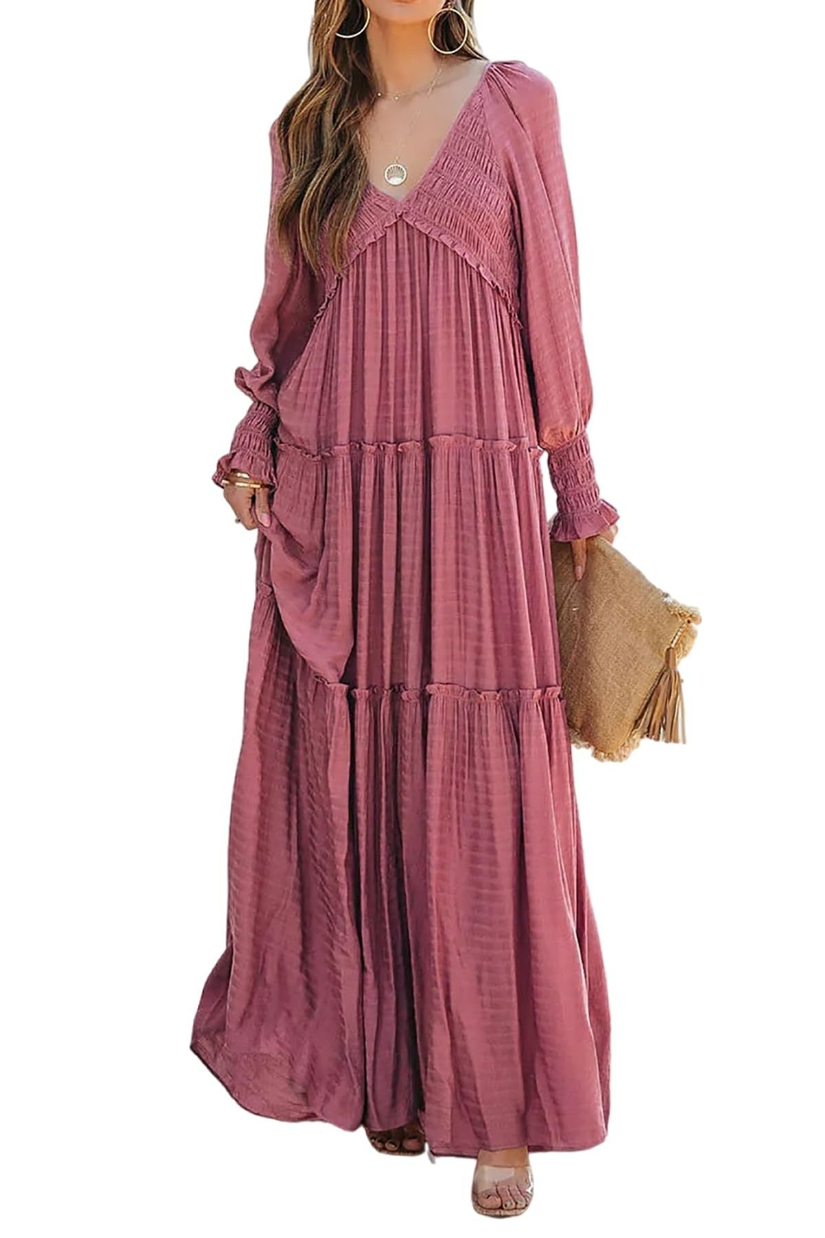 Women Long Sleeve V Neck Boho Casual Flowy Long Dresses?Buy 2 Free Shipping