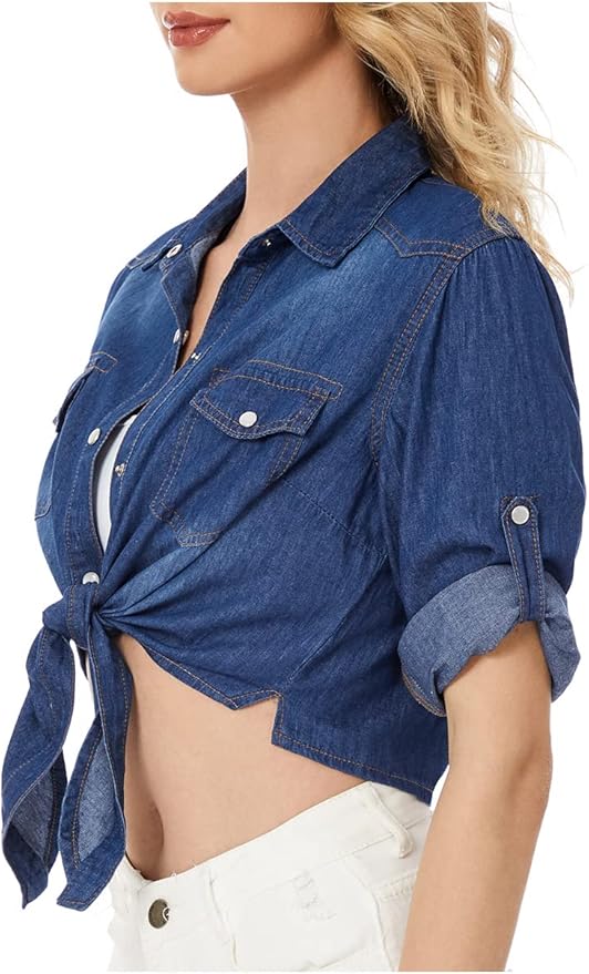 Women's Roll Up 3/4 Sleeve Tie Front Knot Shirt Chambray Denim Crop Top