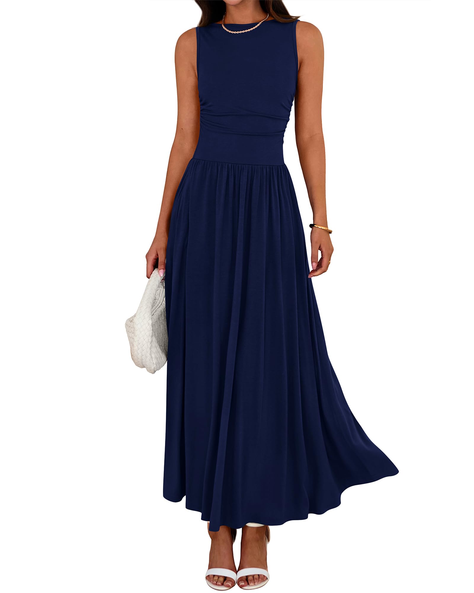Women's Solid Color Sleeveless Waist Pleated Design Dress with Pockets