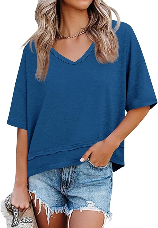 Women's V-neck Mid-length Sleeve Spliced Hem Basic Top