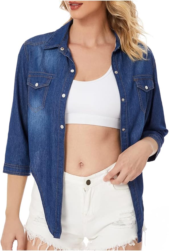 Women's Roll Up 3/4 Sleeve Tie Front Knot Shirt Chambray Denim Crop Top