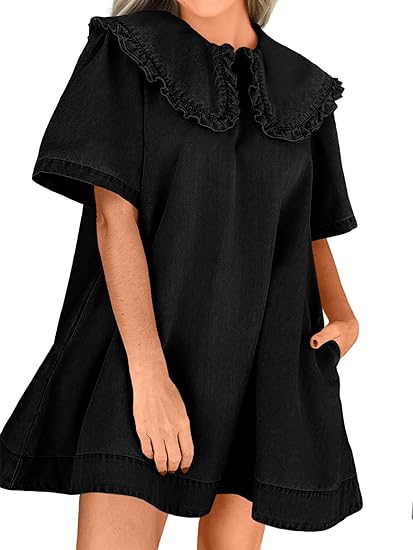 Loose Peter Pan collar short-sleeved casual denim babydoll dress（BUY 2 FREE SHIPPING)