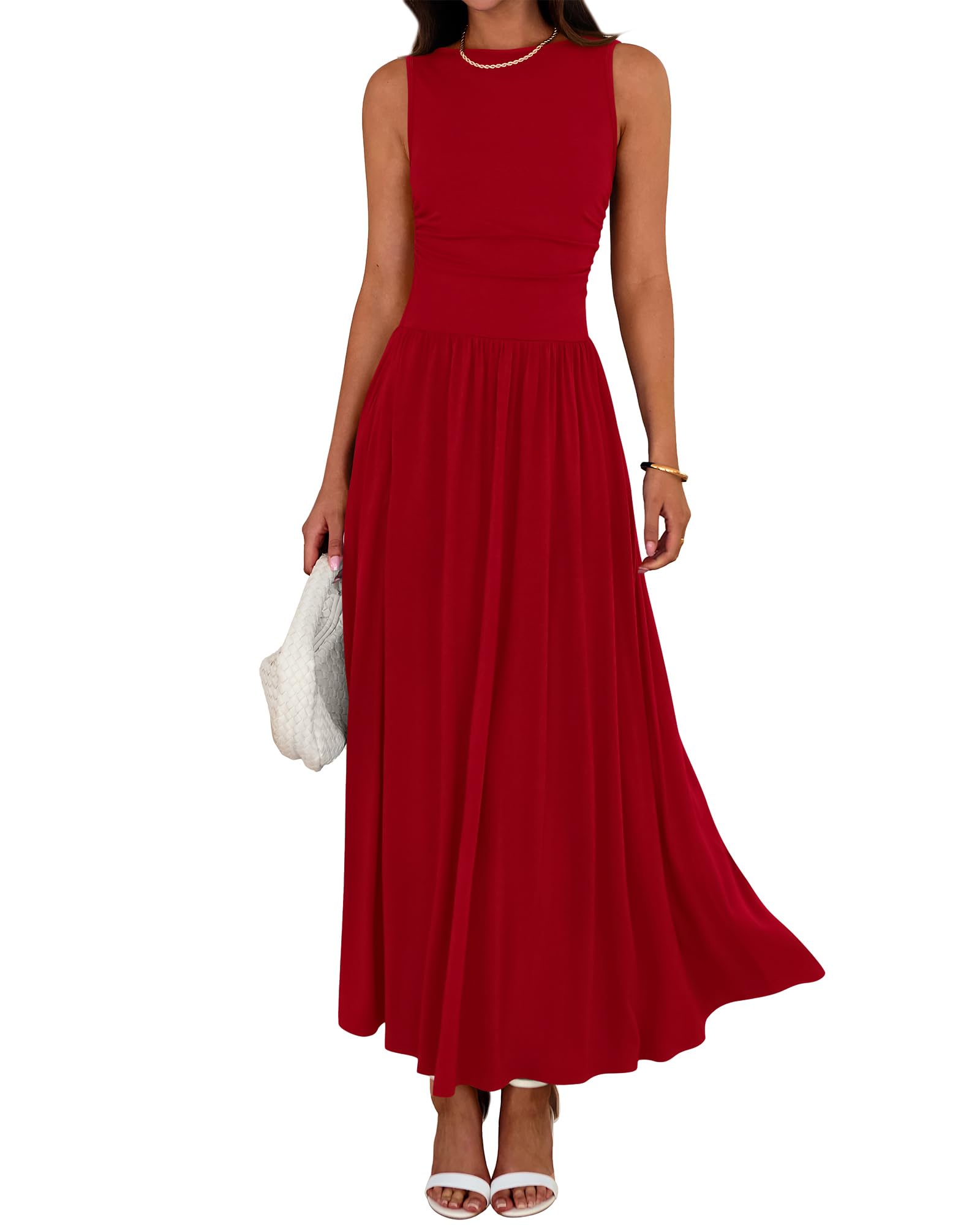 Women's Solid Color Sleeveless Waist Pleated Design Dress with Pockets