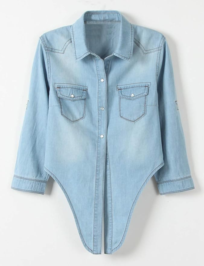 Women's Roll Up 3/4 Sleeve Tie Front Knot Shirt Chambray Denim Crop Top (BUY 2 FREE SHIPPING)