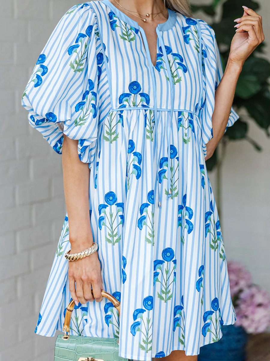 Women's Blue Floral Stripe Puff Sleeve Mini Dress