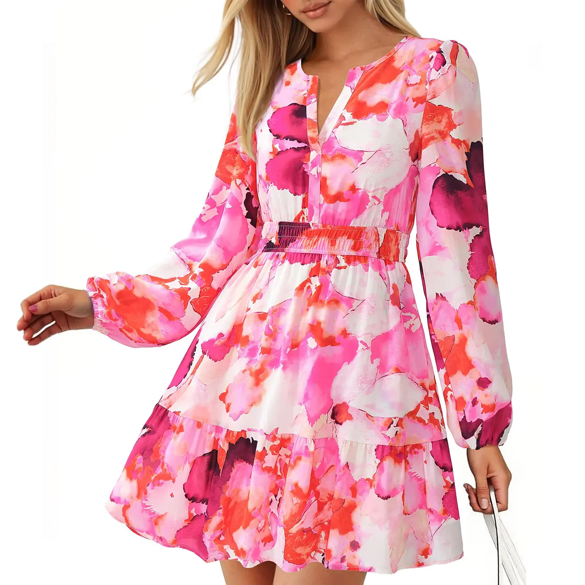 Women's V-neck long-sleeved floral mini summer dress
