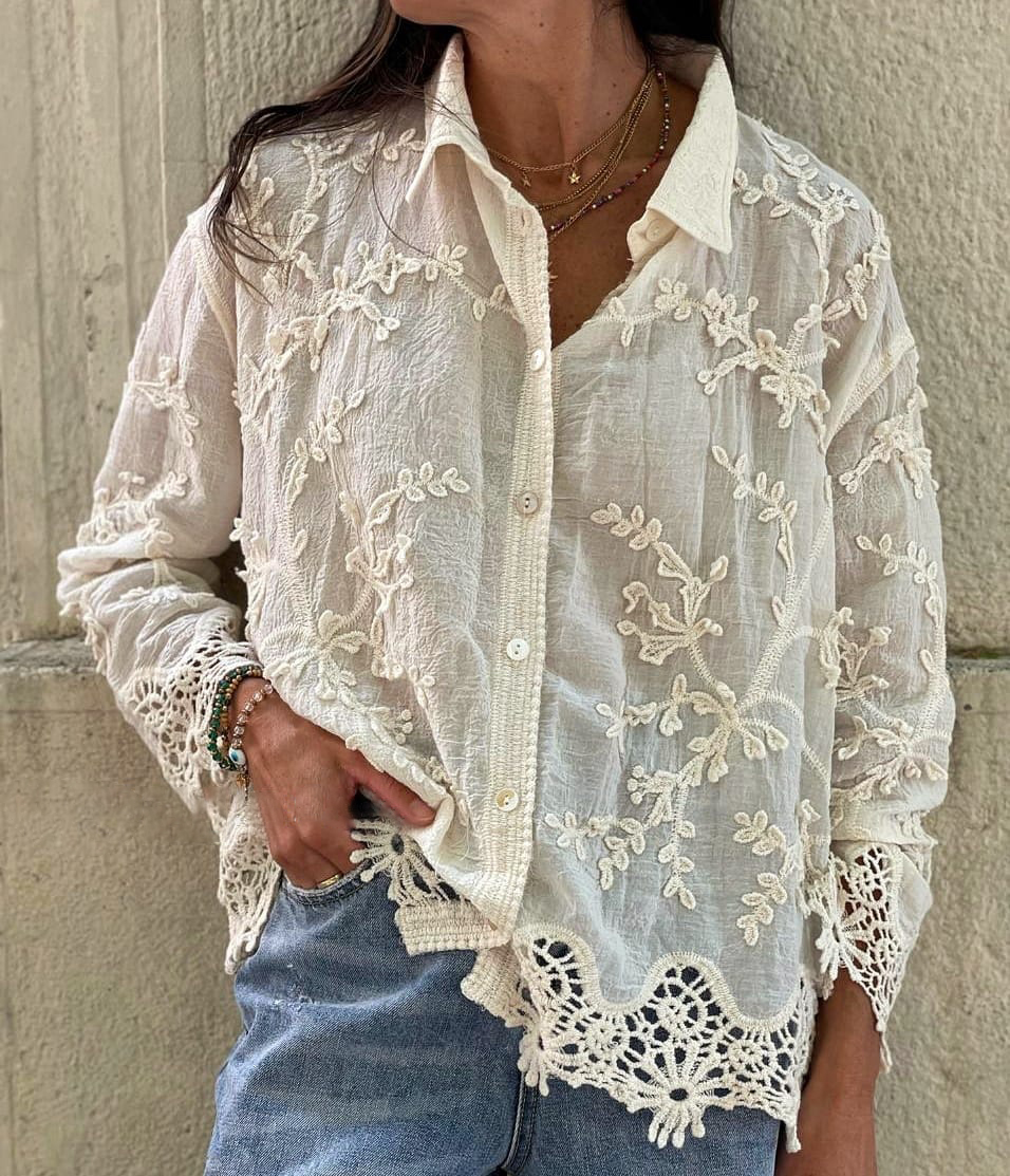 Cotton and linen collared 3D embroidered shirt（BUY 2 FREE SHIPPING)