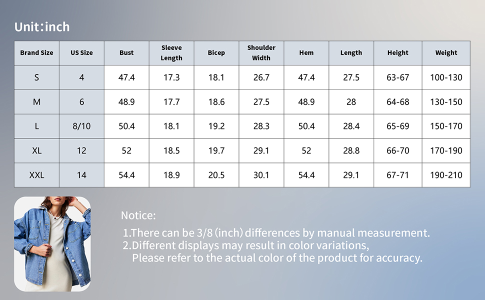 DENIM JACKET SIZE CHART (IN)