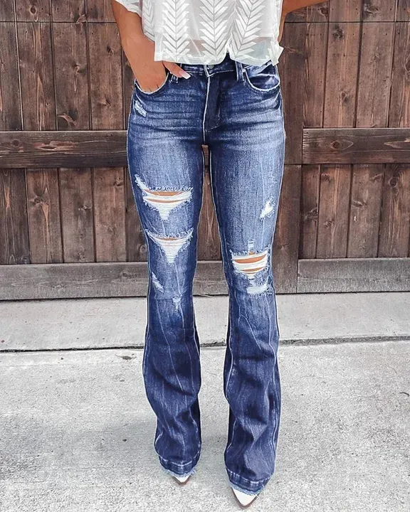 90S VINTAGE DISTRESSED ZIP FLY RAW HEM FLARE LEG JEANS