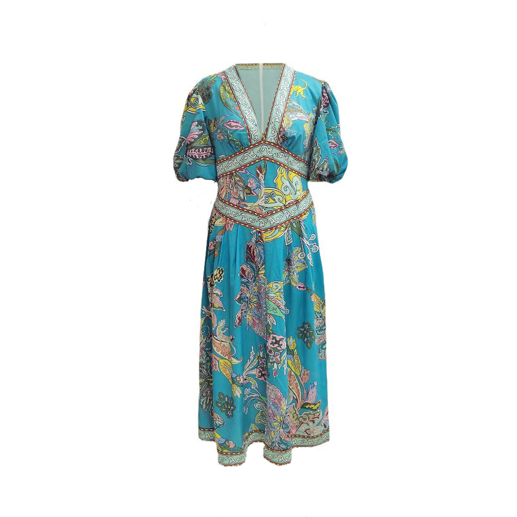 🔥🔥🔥🔥Unique Satin Vintage Floral Print Puff Sleeve Midi Dress