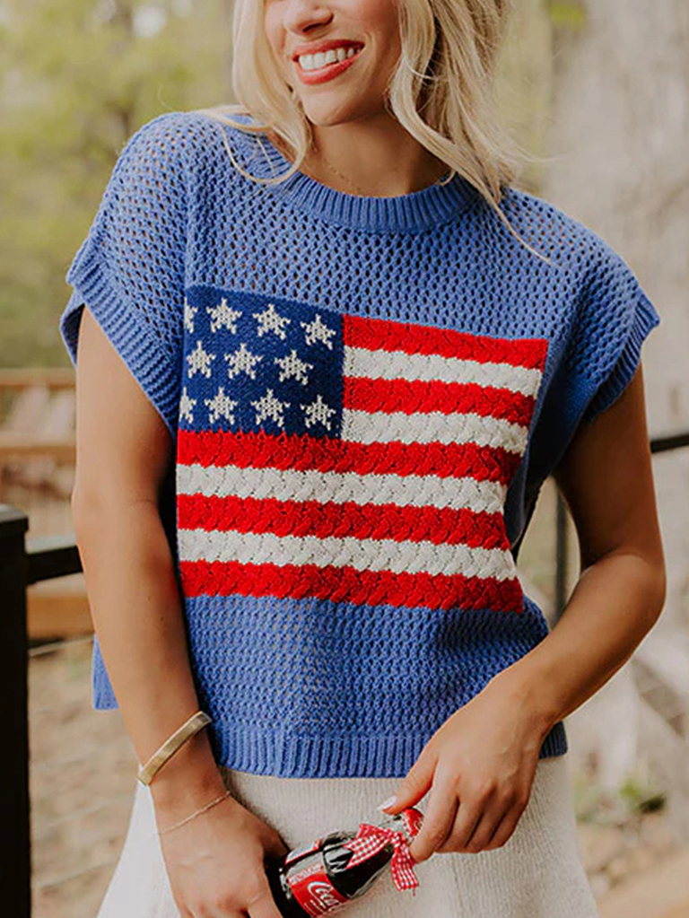 Women's American Flag Print Openwork Knit Sleeveless Sweater