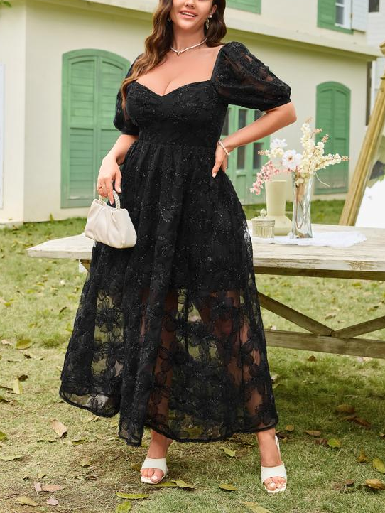 Women's Floral Embroidered Sweetheart Neck Midi Dress