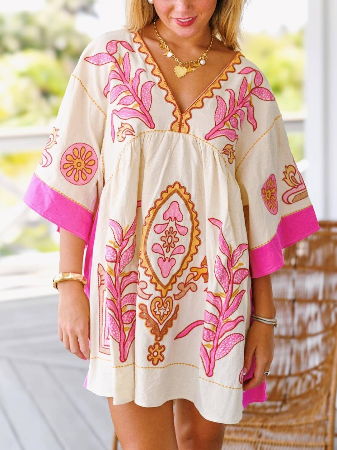 Women's Boho Embroidered V-Neck Mini Dress(BUY 2 FREE SHIPPING)