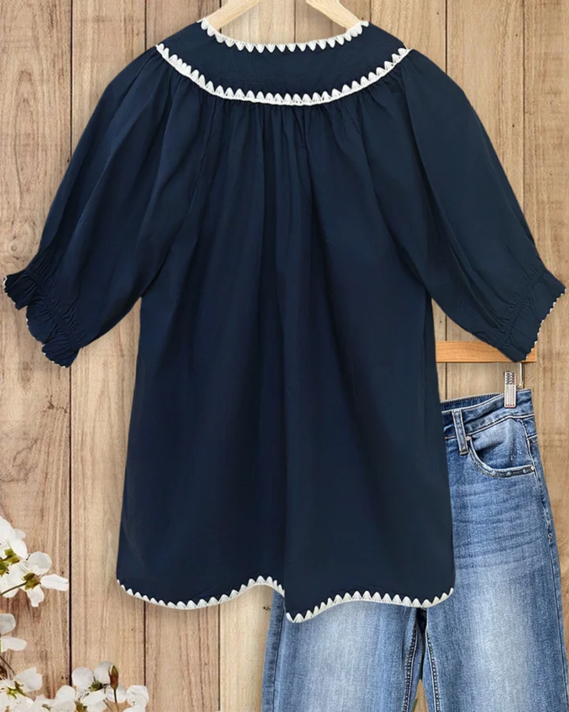  Contrast-Stitch Trim Urban Puff Sleeve Lace-Up Blouse