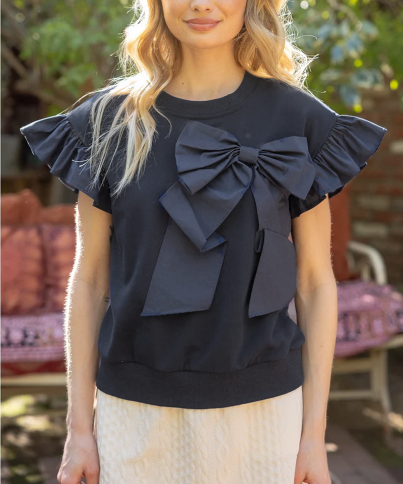Solid Color Bow Decor Playful Ruffle Sleeve T-Shirt(BUY 2 FREE SHIPPING)