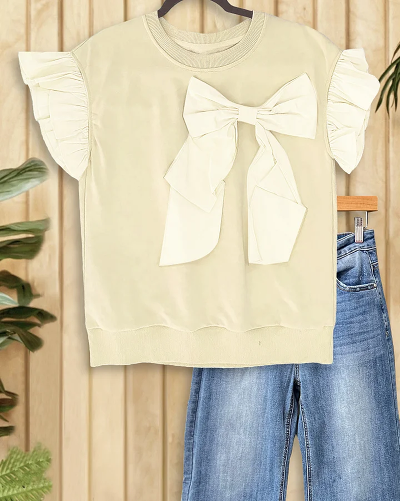 Solid Color Bow Decor Playful Ruffle Sleeve T-Shirt(BUY 2 FREE SHIPPING)