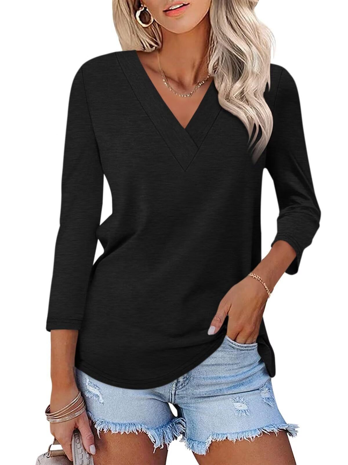 🔥Hot Sale🔥Women's 3/4 Length Sleeves V Neck Shirts Basic Tees(BUY 3 FREE SHIPPING)