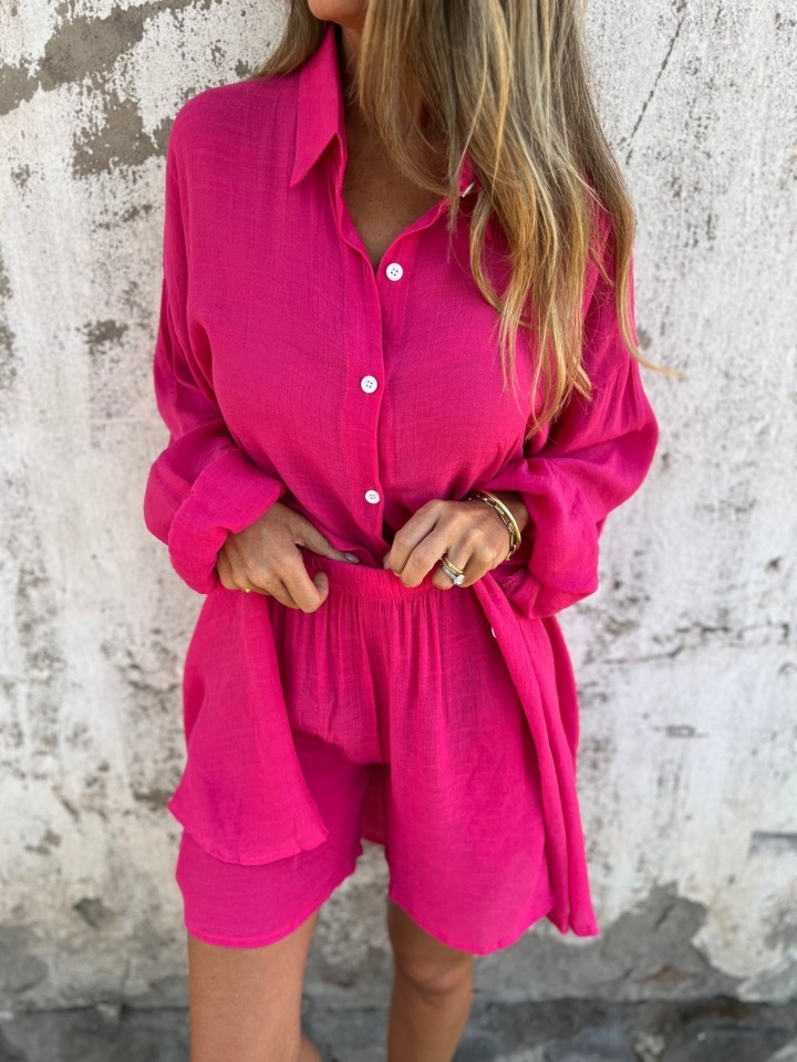 Solid Color Loose Shirt And Shorts Two-Piece Set