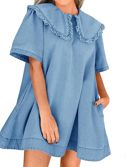 Loose Peter Pan collar short-sleeved casual denim babydoll dress（BUY 2 FREE SHIPPING)