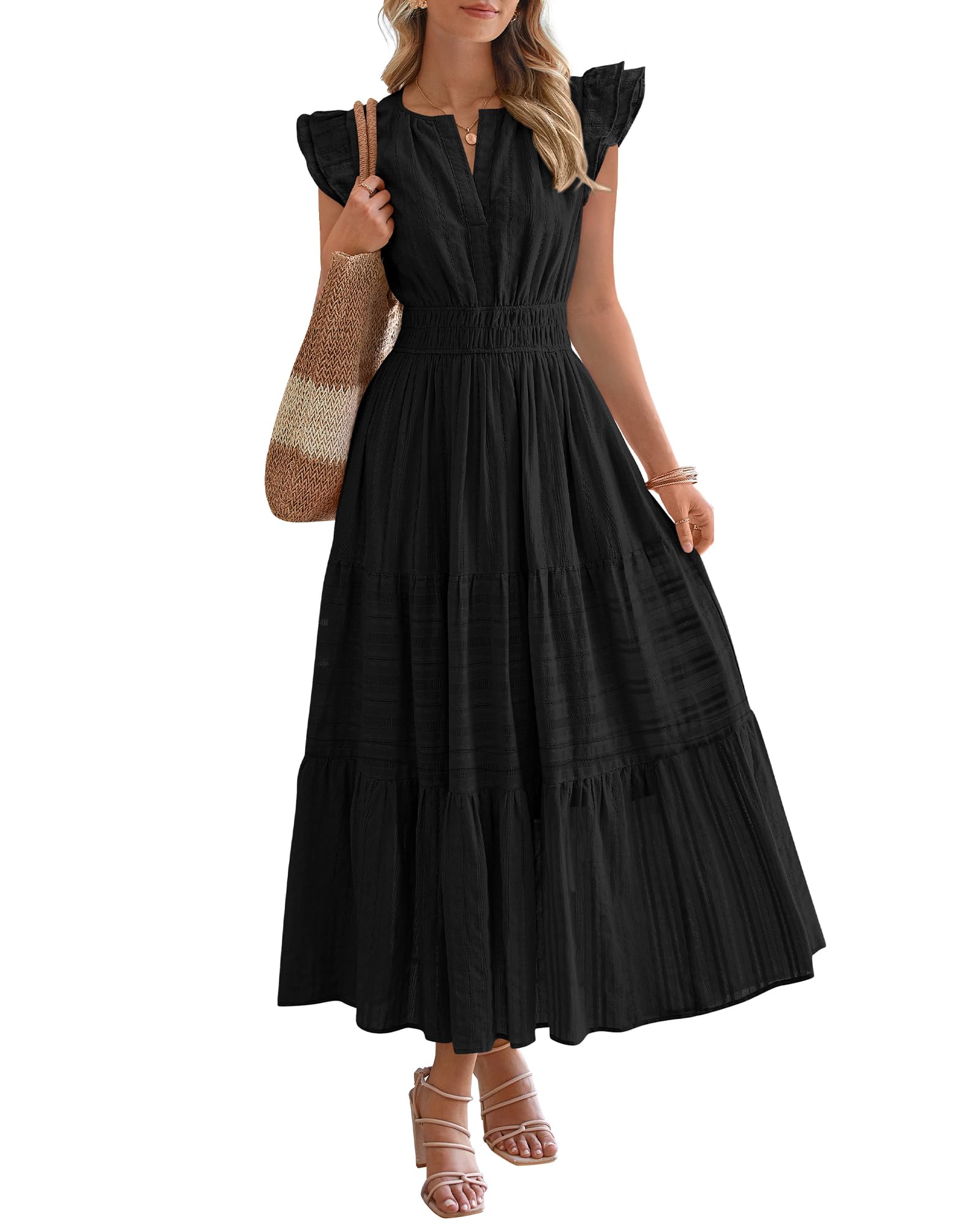 Dresses for Women Spring 2026 Maxi Casual Dress Flutter Short Sleeve V Neck