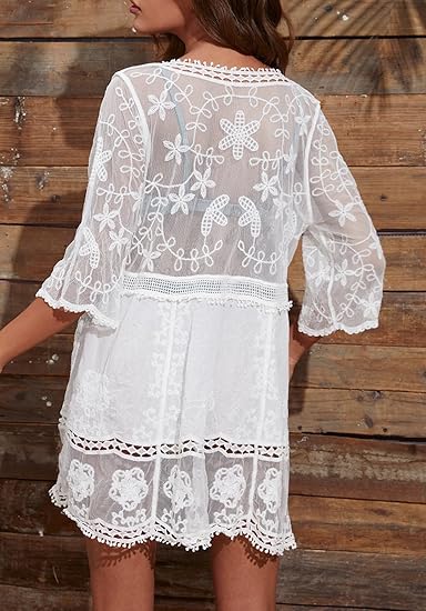 Women's V-neck lace embroidered sun protection bikini swimsuit beach cover-up（BUY 2 FREE SHIPPING)