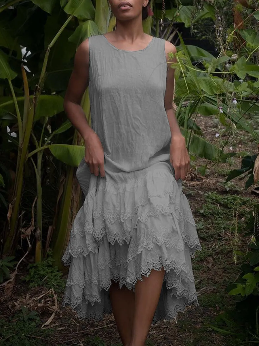 LACE DECORATION SLEEVELESS SOLID COLOR DRESS