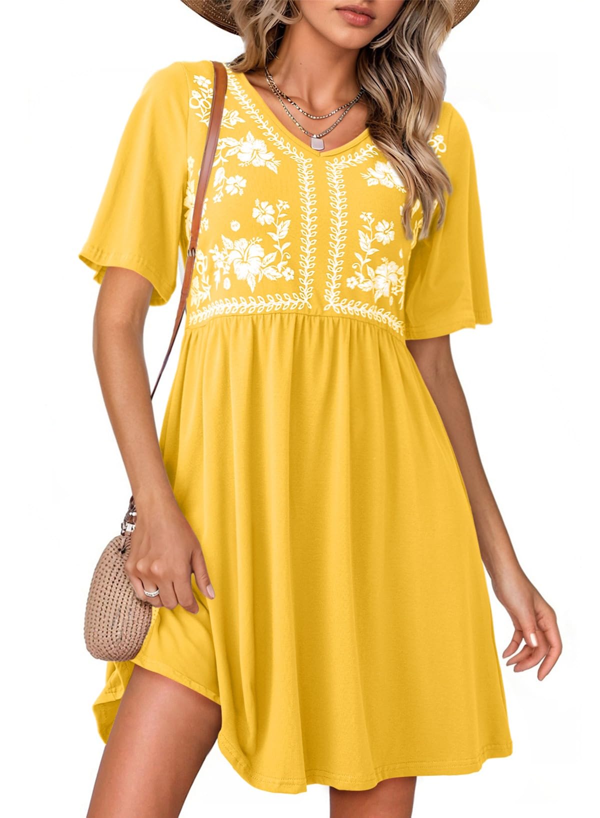 Womens Dresses Casual V Neck Boho Floral Short Sleeve Babydoll Mini Dress