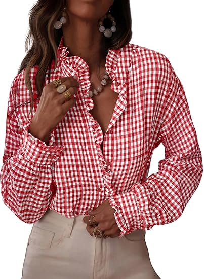 Fashionable women's plaid ruffled V-neck button-down shirt（BUY 2 FREE SHIPPING)