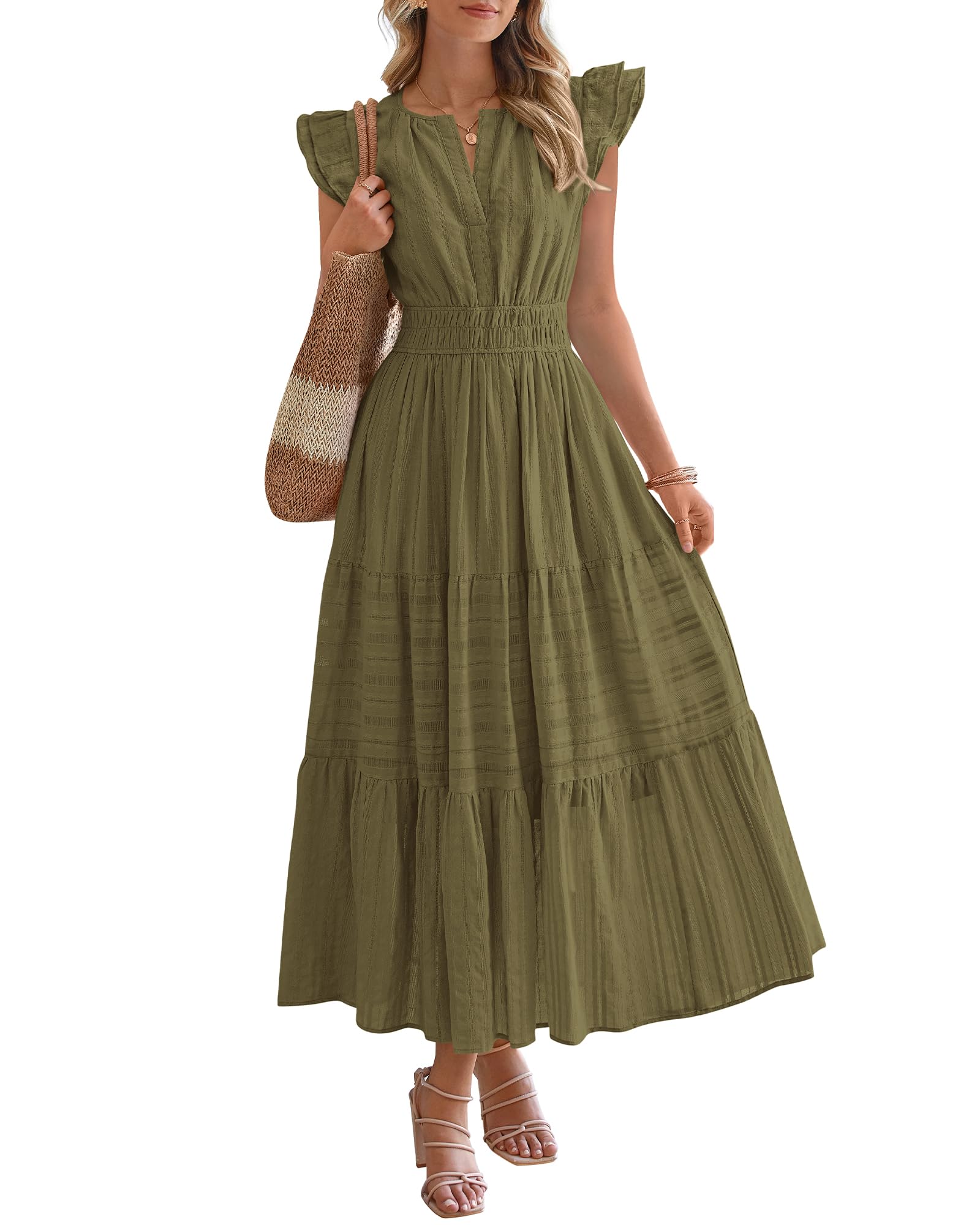 Dresses for Women Spring 2026 Maxi Casual Dress Flutter Short Sleeve V Neck