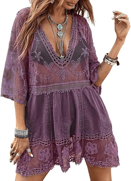Women's V-neck lace embroidered sun protection bikini swimsuit beach cover-up（BUY 2 FREE SHIPPING)