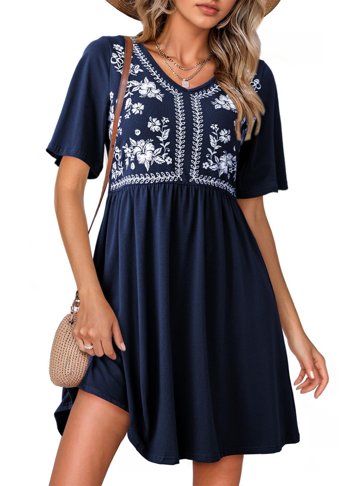 Womens Dresses Casual V Neck Boho Floral Short Sleeve Babydoll Mini Dress