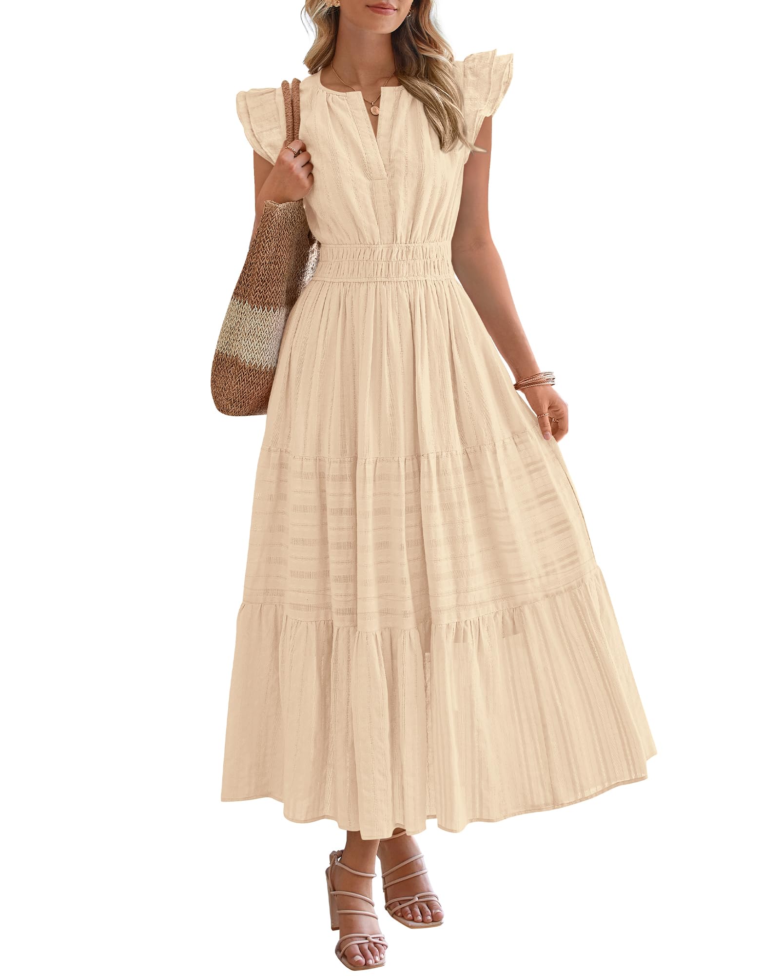 Dresses for Women Spring 2026 Maxi Casual Dress Flutter Short Sleeve V Neck