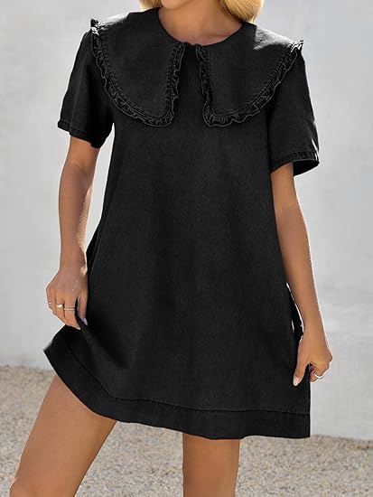 Loose Peter Pan collar short-sleeved casual denim babydoll dress（BUY 2 FREE SHIPPING)