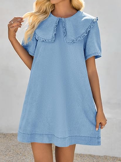 Loose Peter Pan collar short-sleeved casual denim babydoll dress（BUY 2 FREE SHIPPING)