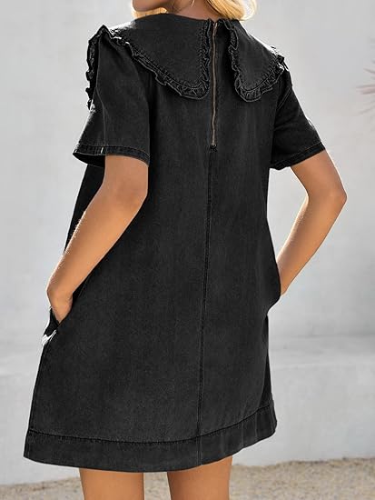 Loose Peter Pan collar short-sleeved casual denim babydoll dress（BUY 2 FREE SHIPPING)