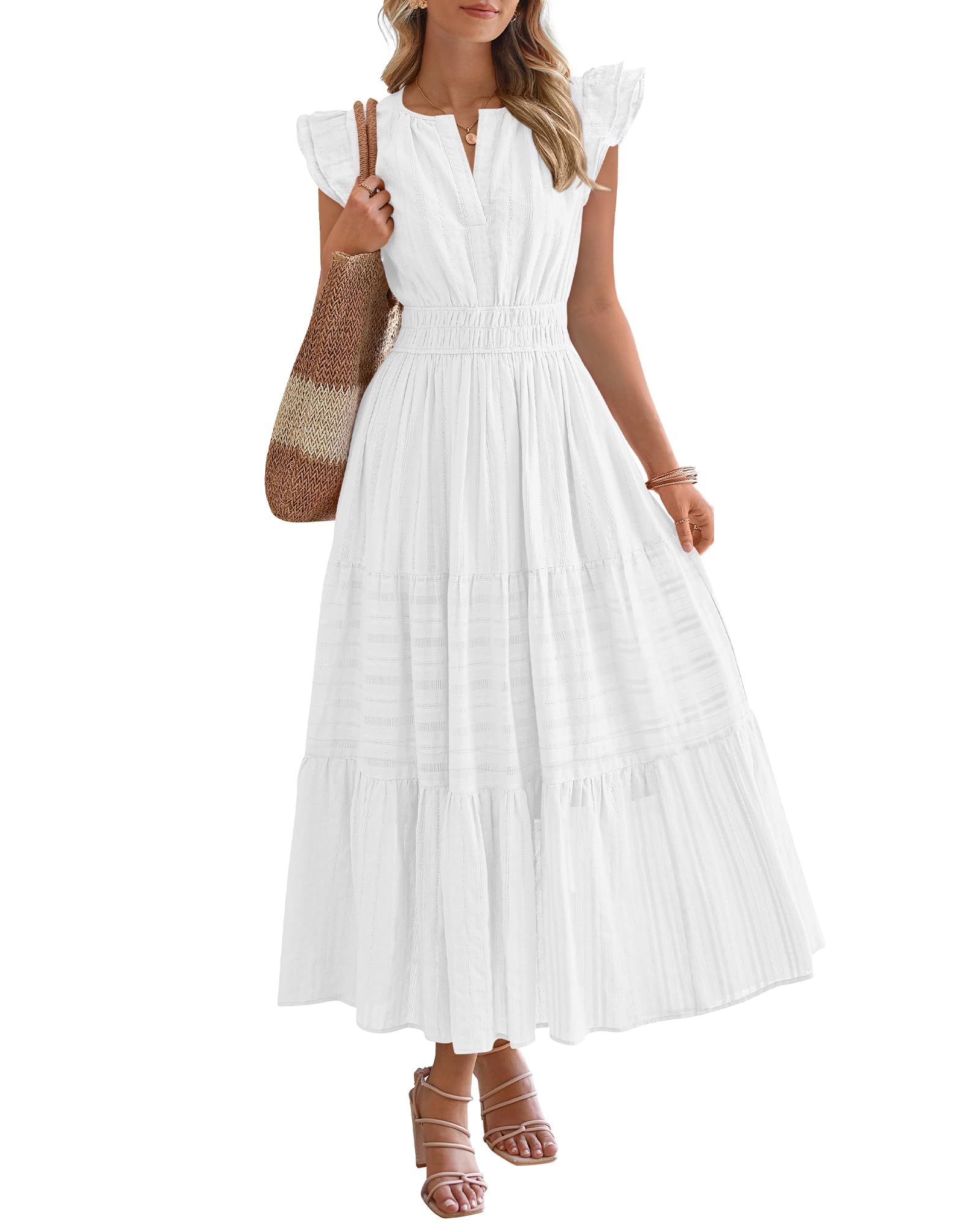 Dresses for Women Spring 2026 Maxi Casual Dress Flutter Short Sleeve V Neck