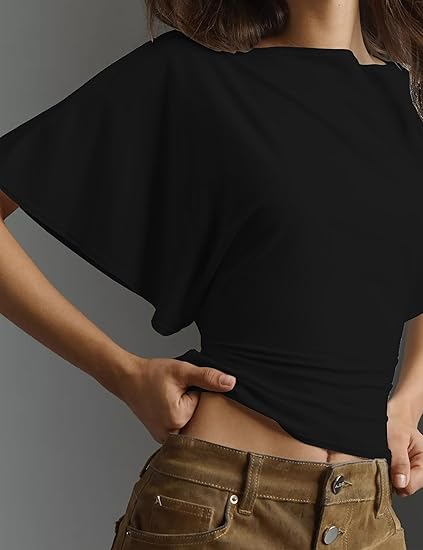 Women's Summer High-Elastic Cropped Round Neck Batwing Sleeve Back Tie T-Shirt（BUY3 FREE SHIPPING)