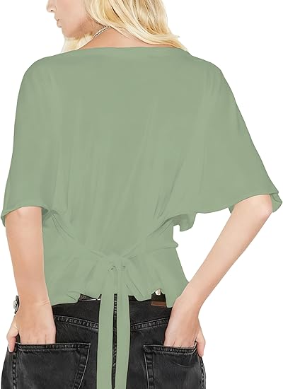 Women's Summer High-Elastic Cropped Round Neck Batwing Sleeve Back Tie T-Shirt（BUY3 FREE SHIPPING)