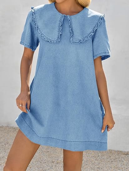 Loose Peter Pan collar short-sleeved casual denim babydoll dress（BUY 2 FREE SHIPPING)