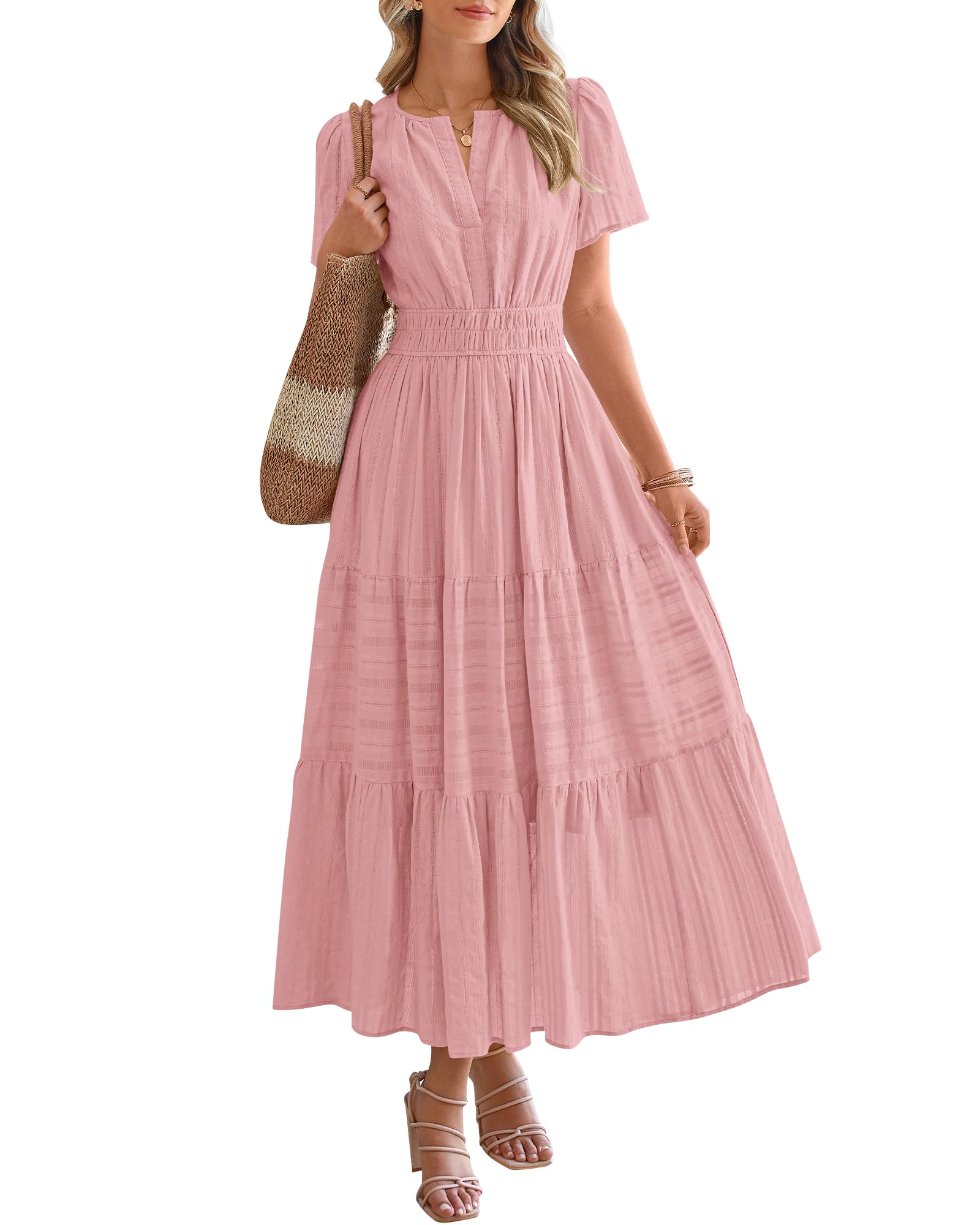 Women's Lightweight Short Sleeve V Neck Elastic Waist Dresses