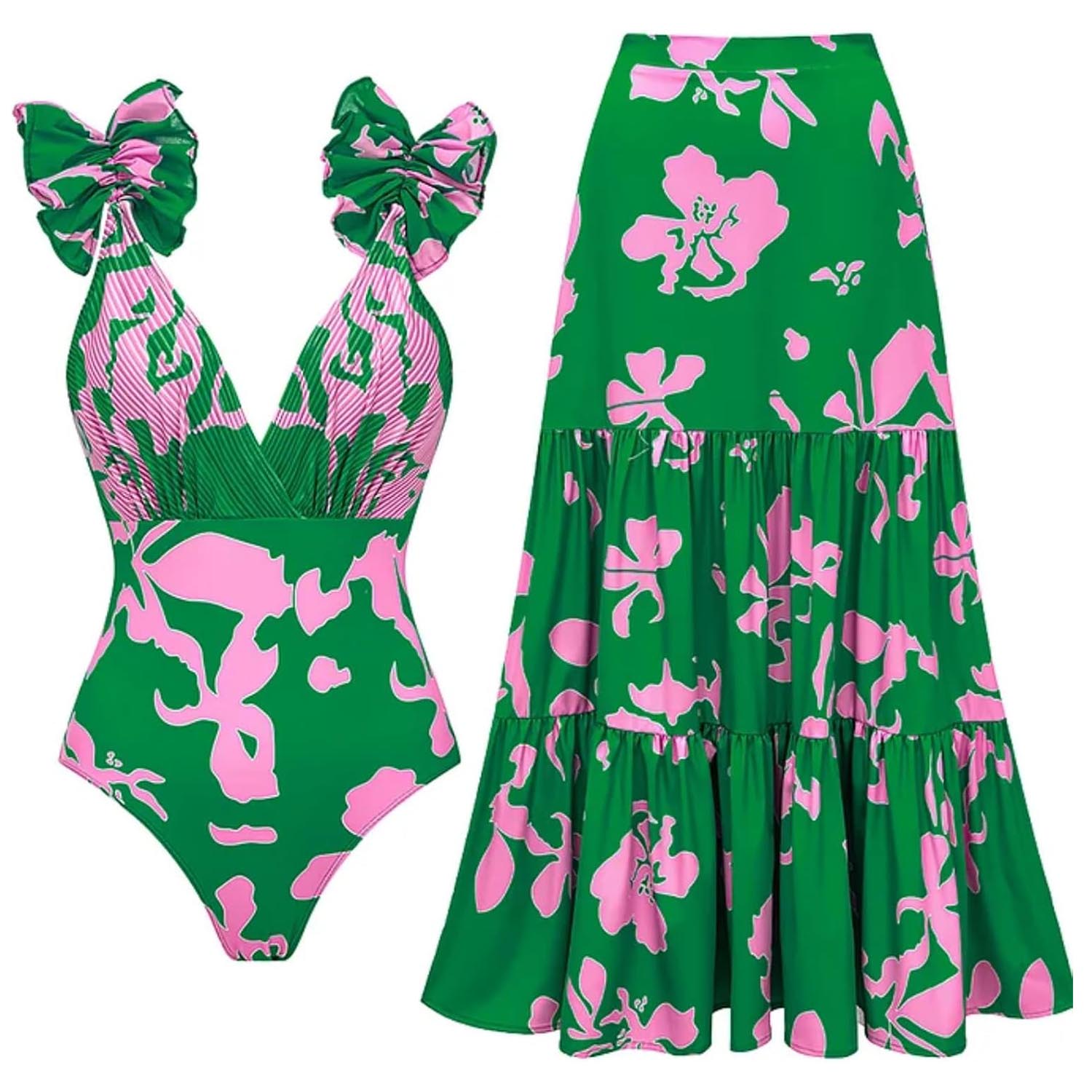 ✨Women Adjustable Shoulder Strip Plant Prints One Piece Swimsuit and Skirt/Sarong(BUY 2 FREE SHIPPING)