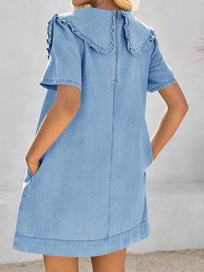 Loose Peter Pan collar short-sleeved casual denim babydoll dress（BUY 2 FREE SHIPPING)
