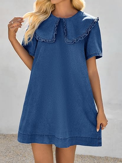 Loose Peter Pan collar short-sleeved casual denim babydoll dress（BUY 2 FREE SHIPPING)