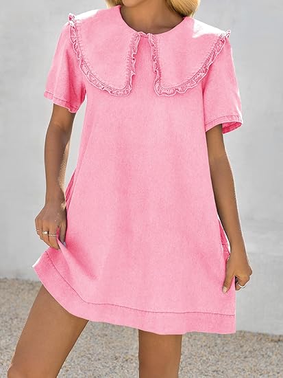 Loose Peter Pan collar short-sleeved casual denim babydoll dress（BUY 2 FREE SHIPPING)