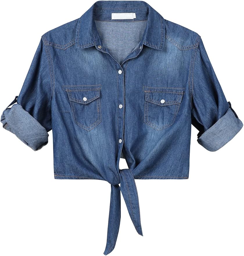 Women's Roll Up 3/4 Sleeve Tie Front Knot Shirt Chambray Denim Crop Top