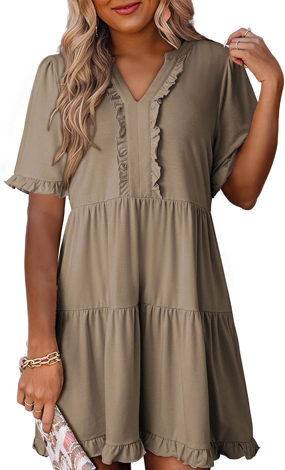 Womens Dresses  V Neck Short Sleeve Casual A Line Flowy Swing Shift Dress(Buy 2 Free Shipping)