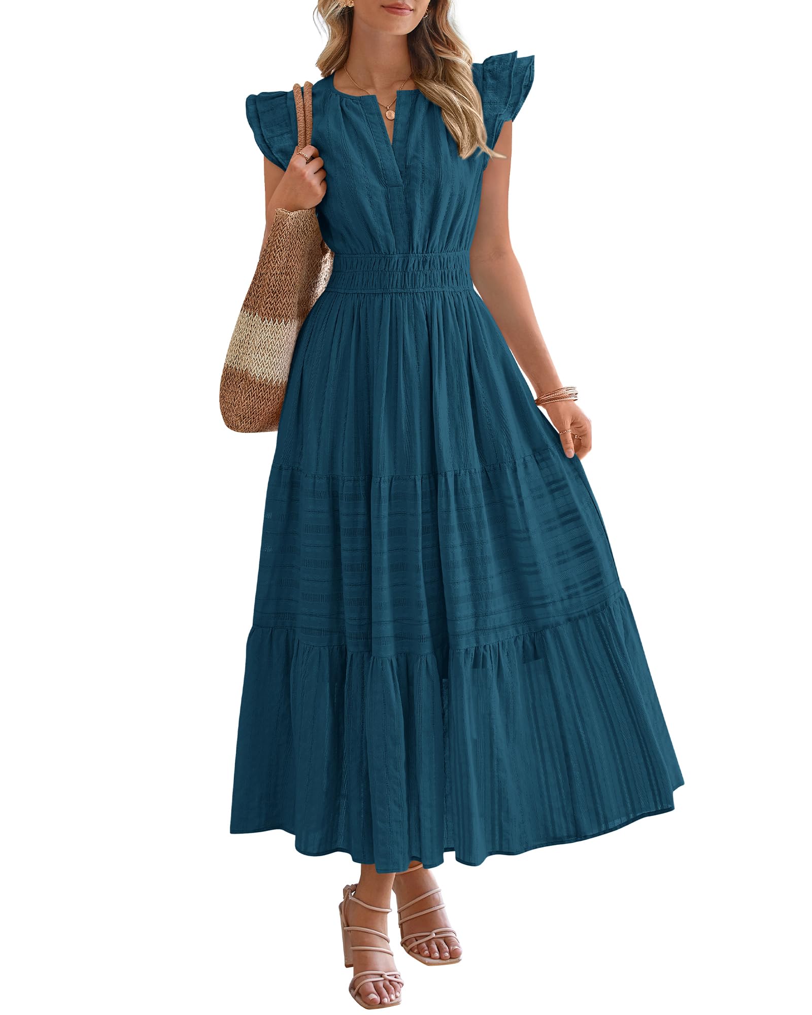 Dresses for Women Spring 2026 Maxi Casual Dress Flutter Short Sleeve V Neck